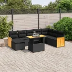 Set mobilier de grădină cu perne, 9 piese, negru, poliratan GartenMobel Dekor