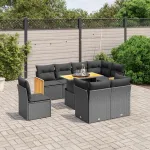 Set mobilier de grădină cu perne, 9 piese, negru, poliratan GartenMobel Dekor