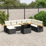Set mobilier de grădină cu perne, 9 piese, negru, poliratan GartenMobel Dekor