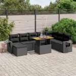 Set mobilier de grădină cu perne, 9 piese, negru, poliratan GartenMobel Dekor