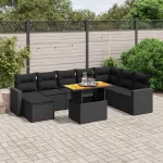 Set mobilier de grădină cu perne, 9 piese, negru, poliratan GartenMobel Dekor