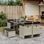 Set mobilier grădină cu perne, 9 piese, gri deschis, poliratan GartenMobel Dekor
