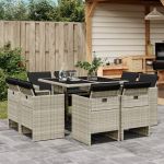Set mobilier grădină cu perne, 9 piese, gri deschis, poliratan GartenMobel Dekor