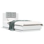 Cadru de pat cu tăblie și lumini LED, alb, 90x190 cm GartenMobel Dekor