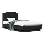 Cadru de pat cu tăblie și lumini LED, negru, 75x190 cm GartenMobel Dekor
