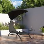 Șezlong cu baldachin, negru, 167x80x195 cm, textil și oțel GartenMobel Dekor