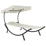 Pat șezlong de exterior cu baldachin și pernă, alb crem GartenMobel Dekor