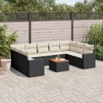 Set canapele de grădină cu perne, 10 piese, negru, poliratan GartenMobel Dekor