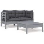 Set mobilier de grădină cu perne, 3 piese, gri, lemn masiv pin GartenMobel Dekor