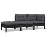 Set mobilier grădină cu perne, 3 piese, negru, lemn masiv pin GartenMobel Dekor