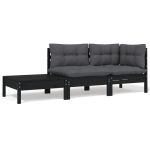 Set mobilier grădină cu perne, 3 piese, negru, lemn masiv pin GartenMobel Dekor