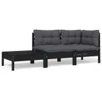 Set mobilier grădină cu perne, 3 piese, negru, lemn masiv pin GartenMobel Dekor