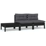 Set mobilier grădină cu perne, 3 piese, negru, lemn masiv pin GartenMobel Dekor