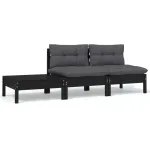Set mobilier grădină cu perne, 3 piese, negru, lemn masiv pin GartenMobel Dekor