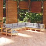 Set mobilier grădină cu perne, 10 piese, gri, lemn masiv pin GartenMobel Dekor