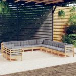 Set mobilier grădină cu perne, 11 piese, gri, lemn masiv pin GartenMobel Dekor