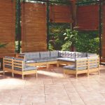 Set mobilier grădină cu perne, 11 piese, gri, lemn masiv pin GartenMobel Dekor