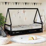 Cadru pat copii cu sertare, negru, 80x200 cm, lemn masiv de pin GartenMobel Dekor