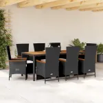 Set mobilier de grădină cu perne, 9 piese, negru, poliratan GartenMobel Dekor