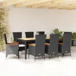 Set mobilier de grădină cu perne, 9 piese, negru, poliratan GartenMobel Dekor