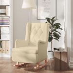 Fotoliu cu picioare balansoar din lemn de hevea, crem, textil GartenMobel Dekor