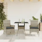 Set mobilier grădină perne 3 piese gri deschis poliratan sticlă GartenMobel Dekor
