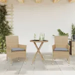 Set bistro cu perne, 3 piese, bej, poliratan și sticlă GartenMobel Dekor