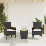 Set bistro cu perne, 3 piese, negru, poliratan și sticlă GartenMobel Dekor