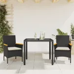 Set mobilier de grădină cu perne 3 piese negru poliratan&sticlă GartenMobel Dekor