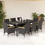 Set mobilier de grădină cu perne 9 piese negru poliratan&sticlă GartenMobel Dekor