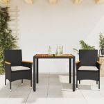 Set mobilier grădină perne 3 piese negru poliratan/lemn acacia GartenMobel Dekor