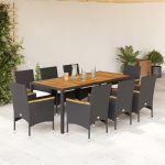 Set mobilier grădină perne 9 piese negru poliratan/lemn acacia GartenMobel Dekor