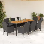Set mobilier grădină perne 9 piese negru poliratan/lemn acacia GartenMobel Dekor