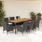Set mobilier grădină perne 9 piese negru poliratan/lemn acacia GartenMobel Dekor