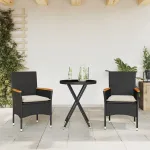 Set bistro cu perne, 3 piese, negru, poliratan și sticlă GartenMobel Dekor