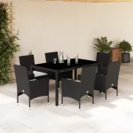 Set mobilier de grădină cu perne 7 piese negru poliratan&sticlă GartenMobel Dekor