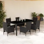 Set mobilier de grădină cu perne 7 piese negru poliratan&sticlă GartenMobel Dekor