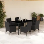 Set mobilier de grădină cu perne 7 piese negru poliratan&sticlă GartenMobel Dekor