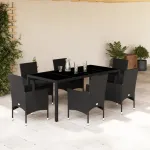 Set mobilier de grădină cu perne 7 piese negru poliratan&sticlă GartenMobel Dekor