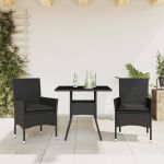 Set mobilier de grădină cu perne 3 piese negru poliratan&sticlă GartenMobel Dekor