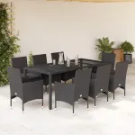 Set mobilier de grădină cu perne 9 piese negru poliratan&sticlă GartenMobel Dekor