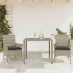 Set mobilier grădină perne 3 piese gri deschis poliratan sticlă GartenMobel Dekor