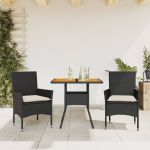 Set mobilier grădină perne 3 piese negru poliratan/lemn acacia GartenMobel Dekor