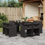 Set mobilier de grădină cu perne, 9 piese, negru, poliratan GartenMobel Dekor
