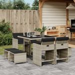 Set mobilier grădină cu perne, 9 piese, gri deschis, poliratan GartenMobel Dekor