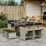 Set mobilier grădină cu perne, 9 piese, gri deschis, poliratan GartenMobel Dekor