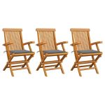Scaune de grădină cu perne gri, 3 buc., lemn masiv de tec GartenMobel Dekor