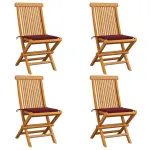 Scaune de grădină cu perne roșu vin, 4 buc., lemn masiv de tec GartenMobel Dekor