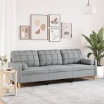 Canapea cu 3 locuri cu pernuțe, gri deschis, 210 cm, textil GartenMobel Dekor