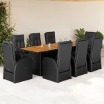Set mobilier de grădină cu perne, 9 piese, negru, poliratan GartenMobel Dekor
